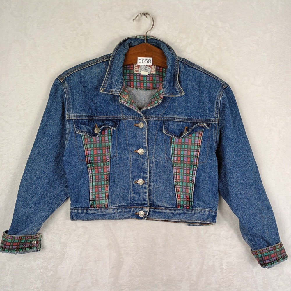 Jordache Denim Jacket Womens S Blue Plaid Accent Cropped Vintage 90s Retro Boho